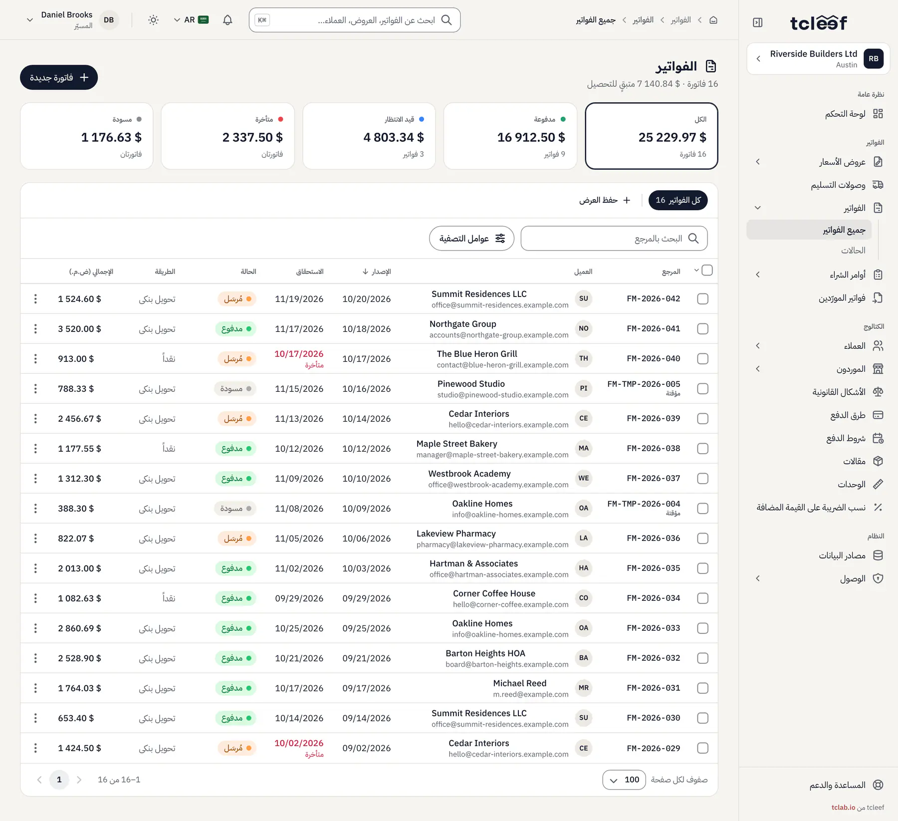 قائمة الفواتير في tcleef: المبالغ المدفوعة والمنتظرة والمتأخرة والمسودات، ثم آخر فواتير Riverside Builders.