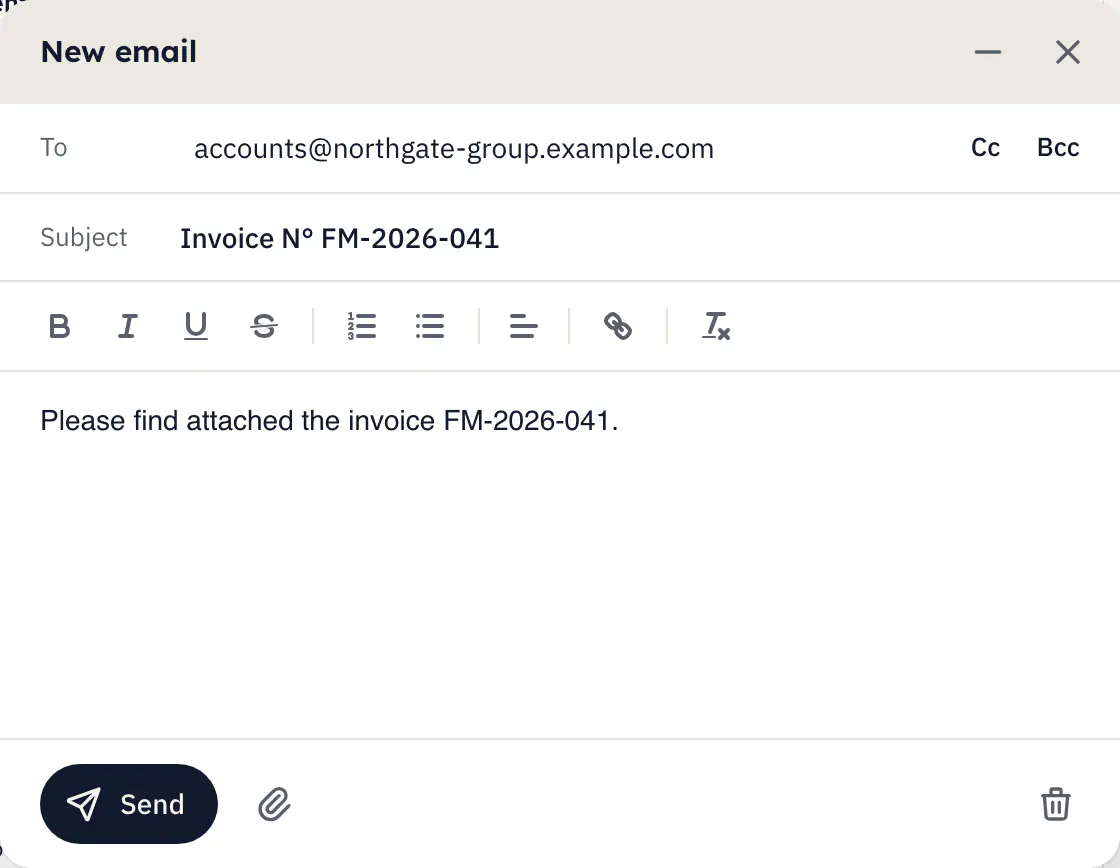 The window to send an invoice by e-mail in tcleef: the recipient, the subject, the message and the Send button.