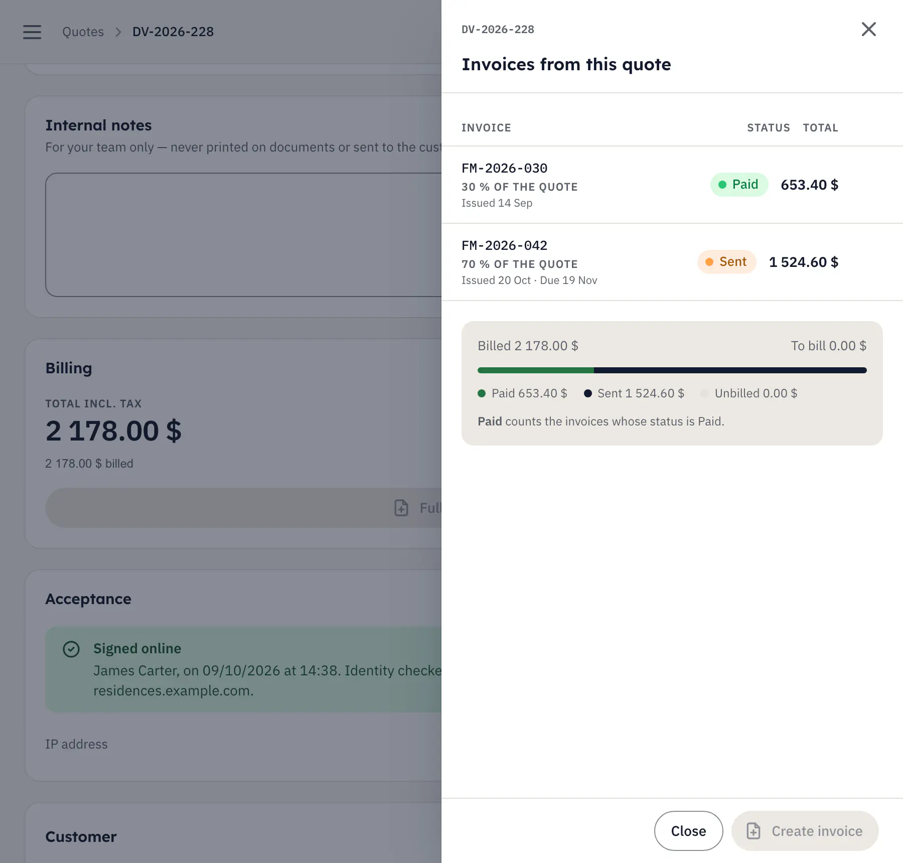 A customer's worksite in tcleef: the accepted quote and its two linked invoices, the deposit paid and the balance sent.