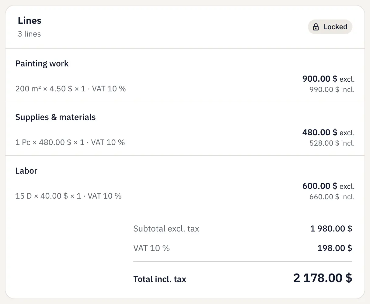 A quote in tcleef: the three work lines, the subtotal, the 10 % VAT and the total with tax.