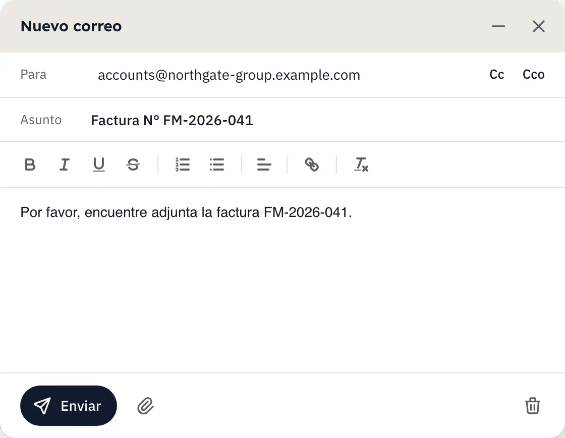La ventana para enviar una factura por correo en tcleef: el destinatario, el asunto, el mensaje y el botón Enviar.