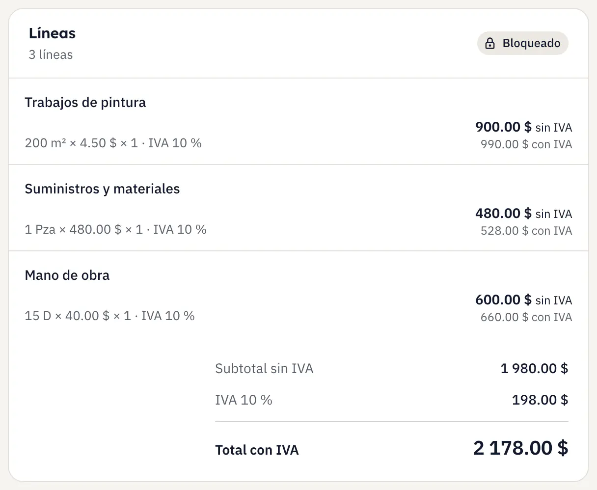 Un presupuesto en tcleef: las tres líneas de trabajos, el subtotal, el IVA del 10 % y el total con IVA.