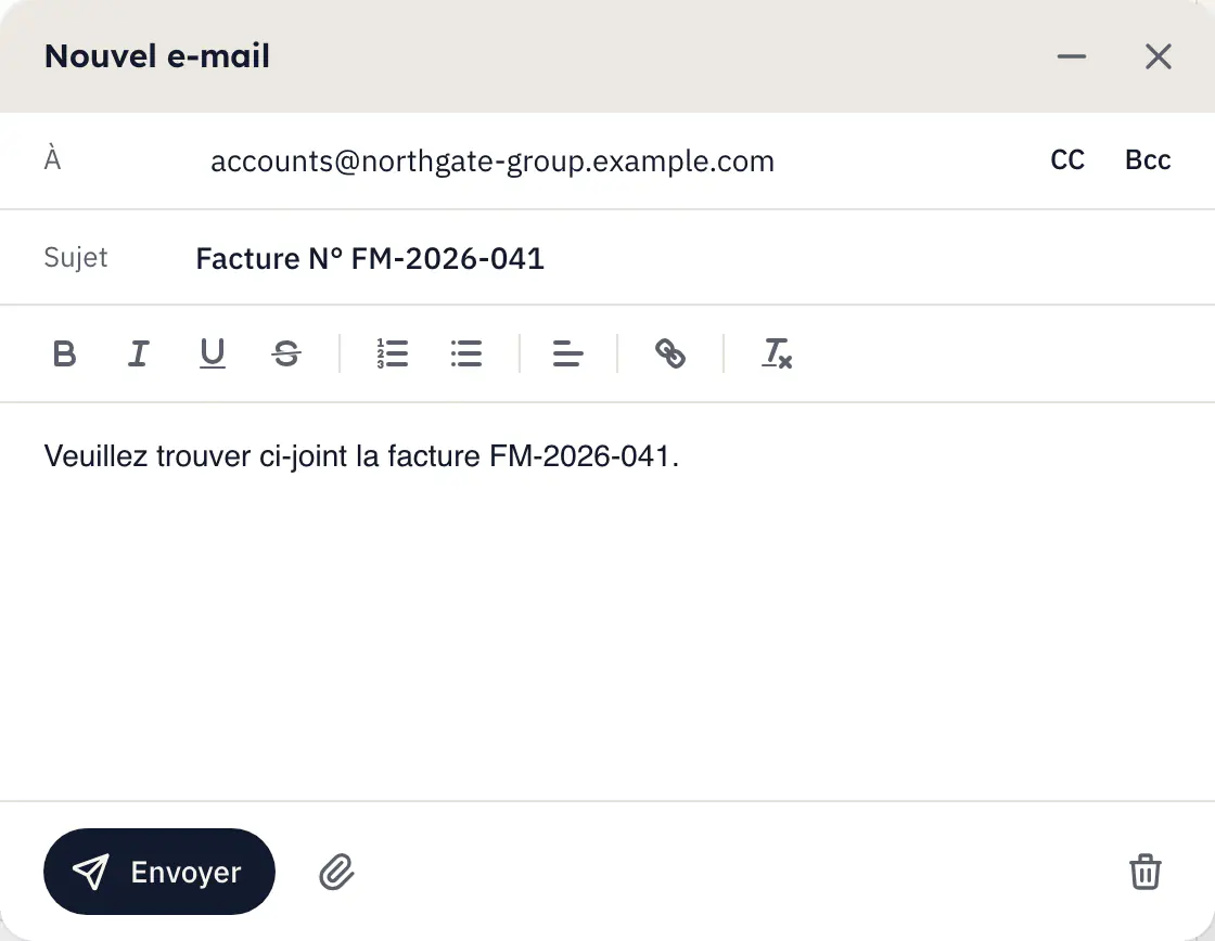 La fenêtre d'envoi d'une facture par e-mail dans tcleef : le destinataire, l'objet, le message et le bouton Envoyer.