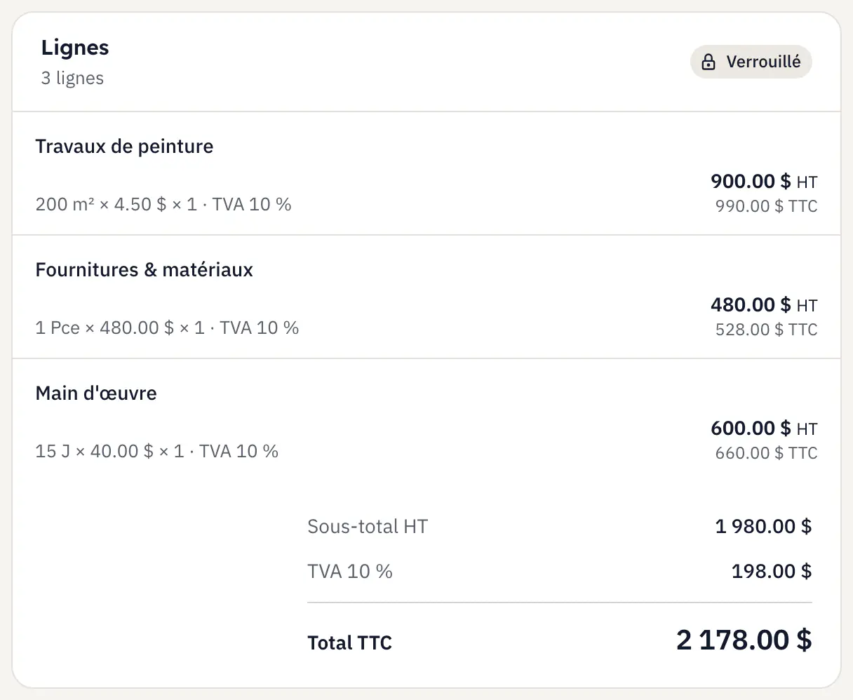 Un devis dans tcleef : les trois lignes de travaux, le sous-total, la TVA à 10 % et le total TTC.