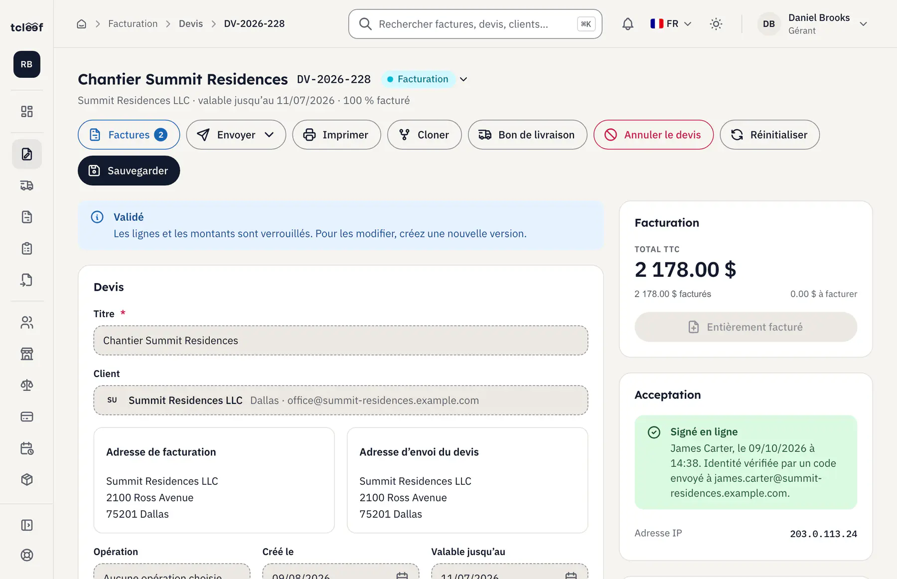 Un devis signé en ligne dans tcleef : l'état de la facturation, puis la signature du client avec son nom, la date et l'heure.