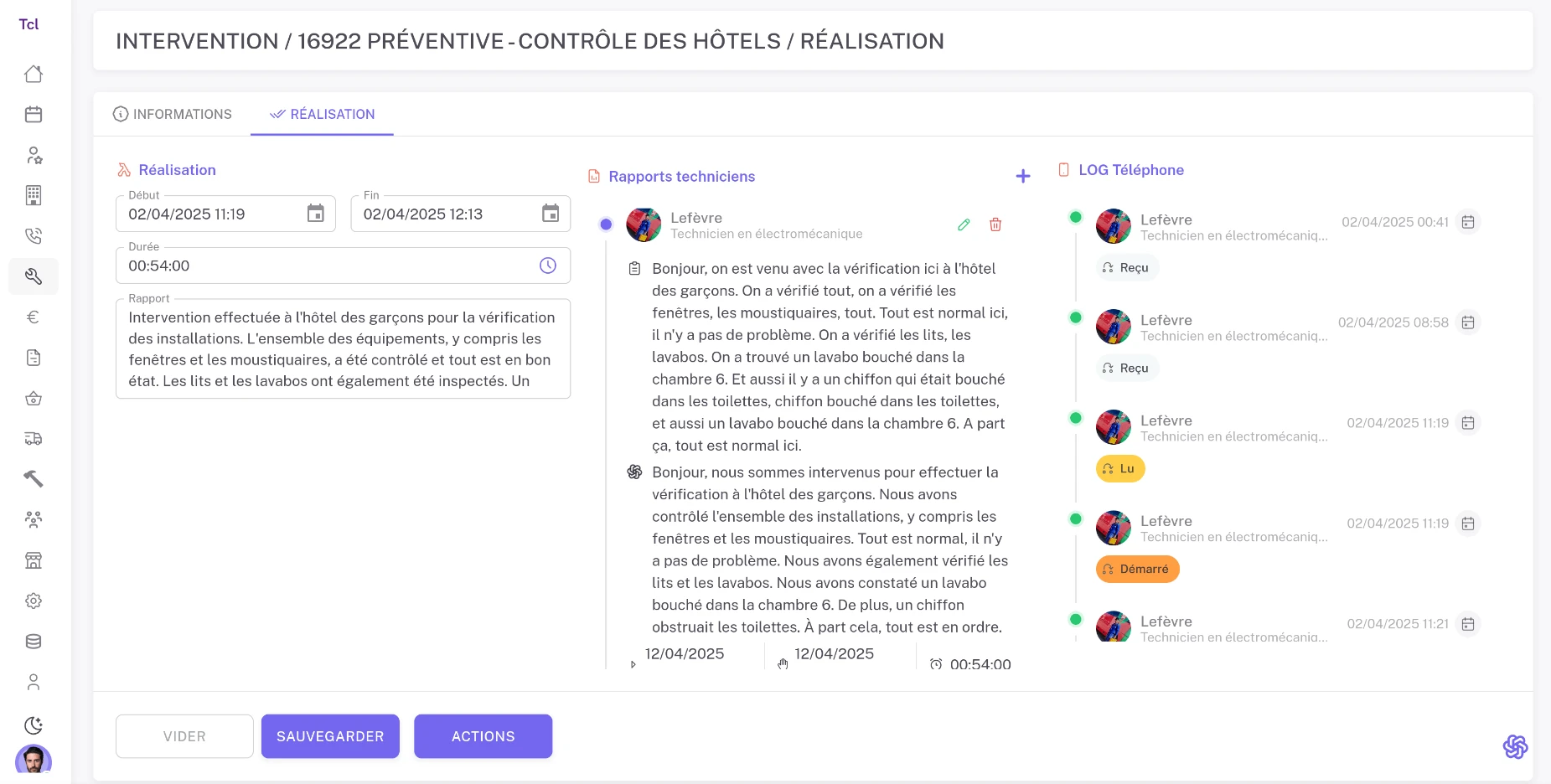 Fiche d'intervention détaillée