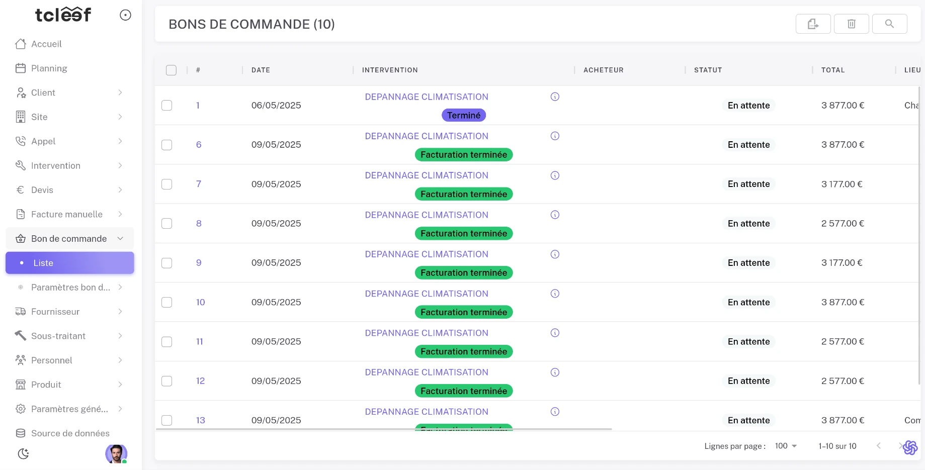 Liste des commandes détaillée