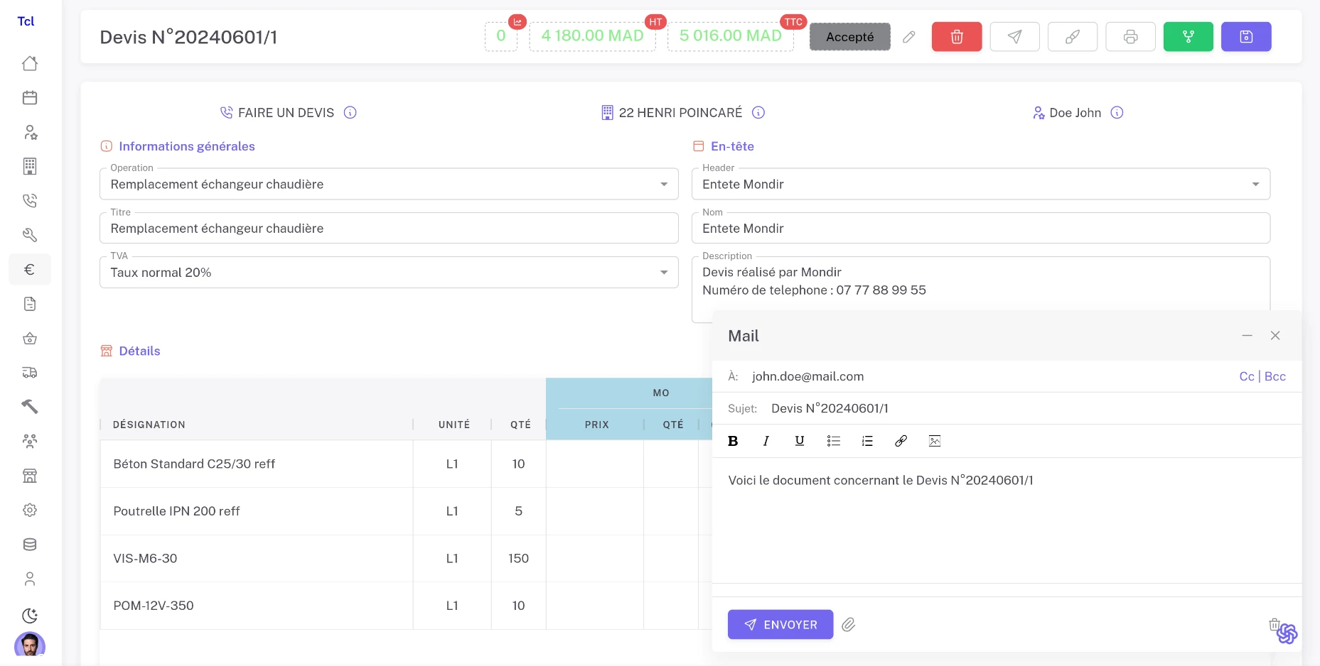 Envoyez vos devis directement à vos clients.