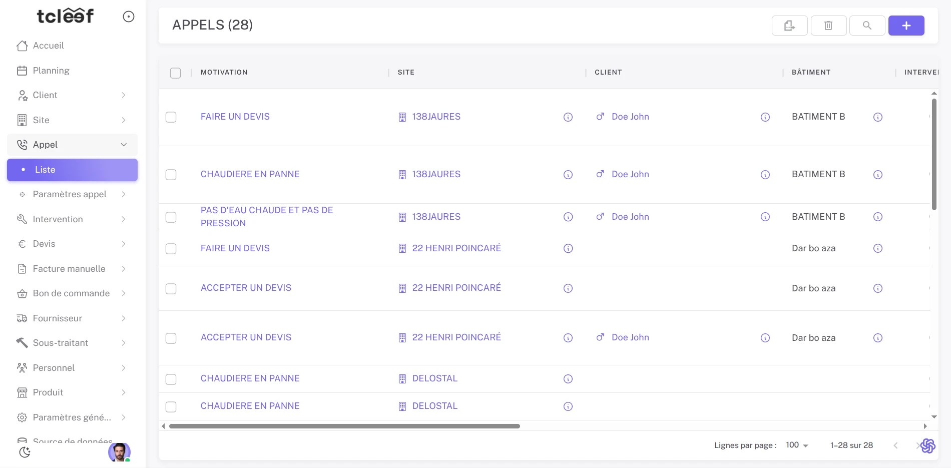 Vue liste des appels